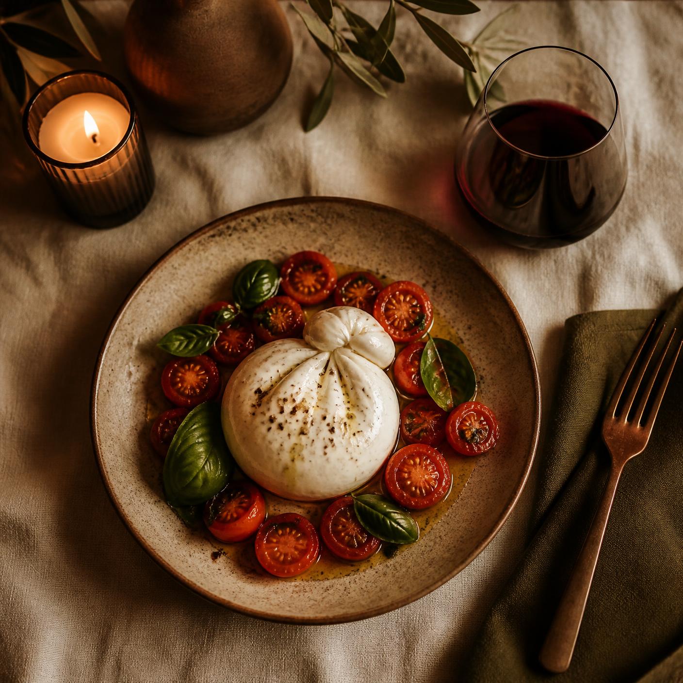 Burrata con pomodorini e basilico servita su ceramica rustica
